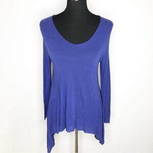 Eileen Fisher blue linen blend scoop neck asymmetrical hem sweater size Medium